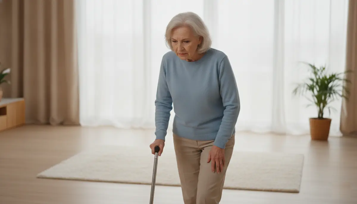 Femme senior de 70 ans présentant des troubles de l'équilibre et une instabilité à la marche, utilisant une canne pour sécuriser ses déplacements et prévenir les chutes - santé gériatrique