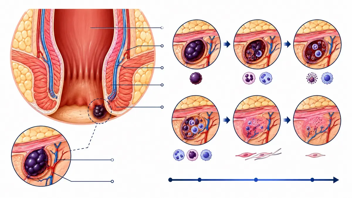 Un schéma médical illustratif et détaillé en couleurs montrant l'évolution et la résorption naturelle d'un caillot dans une thrombose anale douloureuse