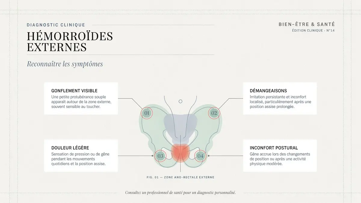 Schéma médical simplifié montrant l'inflammation du plexus hémorroïdaire externe pour faciliter le diagnostic